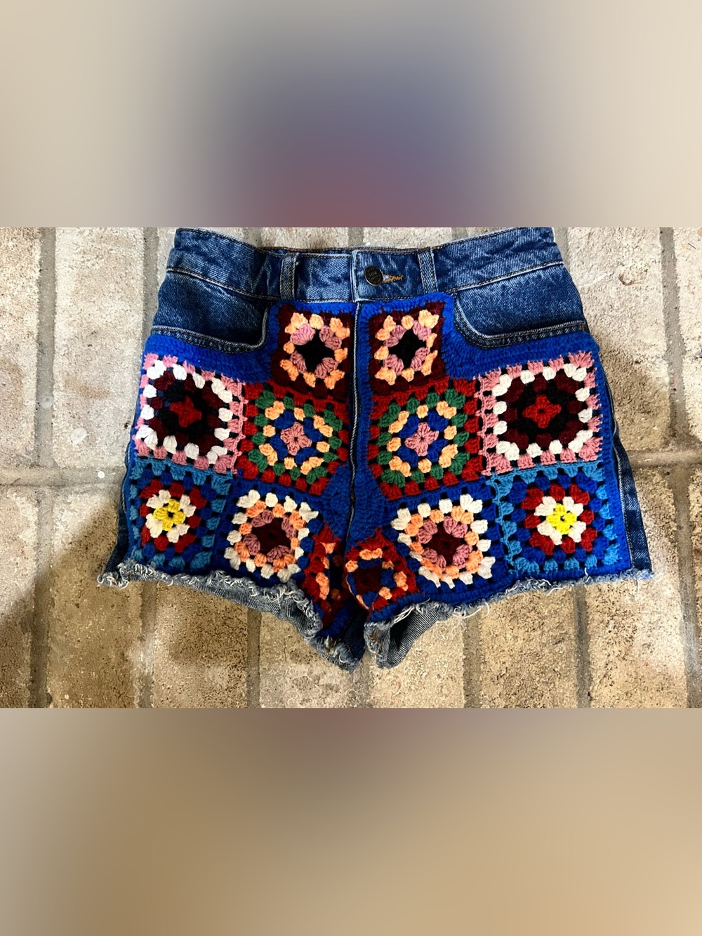 FARM Rio Blue Denim Shorts with Multicolor Crochet Squares EUC